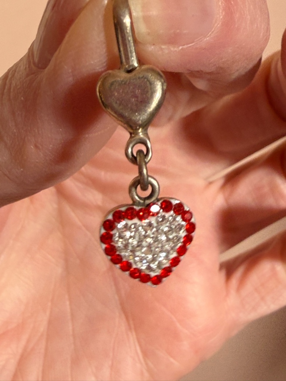Vintage sterling silver Red rhinestone heart Dangle pendent Necklace delicate - Picture 7 of 15